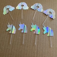 4 Foil Silver Unicorn & 4 Foil Rainbow Cloud 8 cupcake Picks