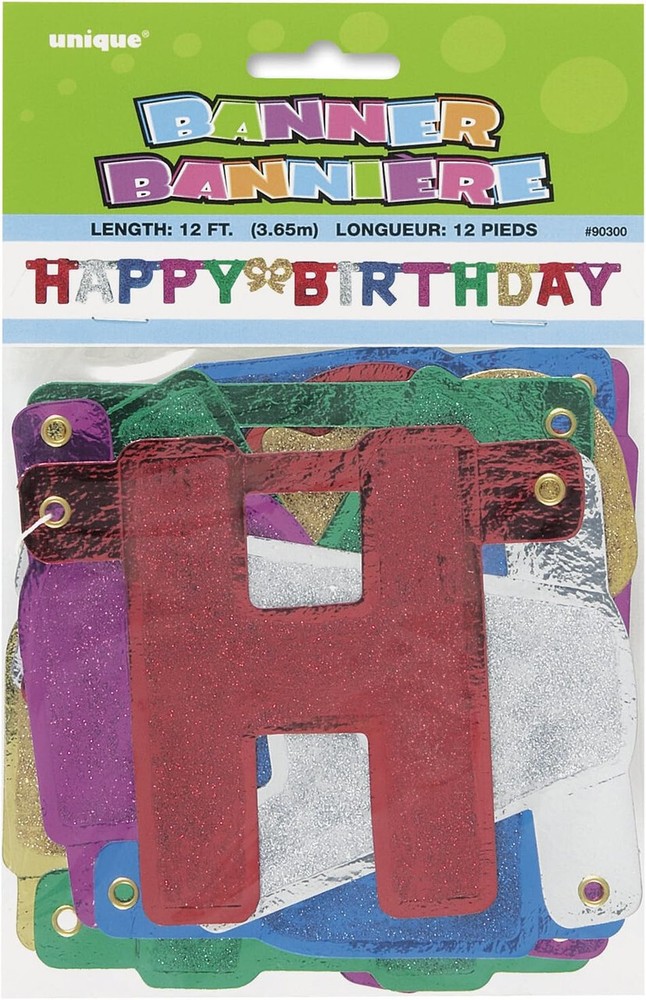 Glittery Happy Birthday Bow Jointed Banner, 12 Ft Jewel Colors