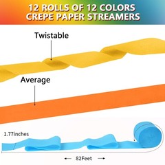 12 Rolls Crepe Paper Streamers, 12 Colors Streamers Party 12PCS Color A