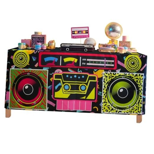 4FT 80s 90s Theme Party Tablecloth, 80s 90s 48″ x 24″ (Rectangular) Black-radio