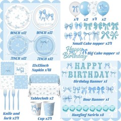 Blue Bow Birthday Party Supplies Set 24 Dinner Plates Napkins Cups Decor