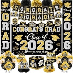 Class of 2026 Graduation Decorations Set – Black & Gold Banner, Backdrop, Balloo