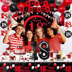 Happy 18th Birthday Decorations for Boys Girls, Red Black 18 Year Old Birthda…