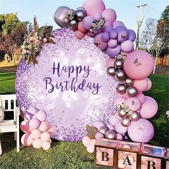 OERJU Purple Birthday Round Backdrop Cover Purple Bokeh Dots Happy Birthday R…