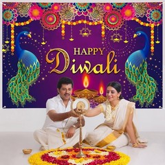 Extra Large Happy Diwali Banner 72″ x 48″ India Festival of Lights Peacock