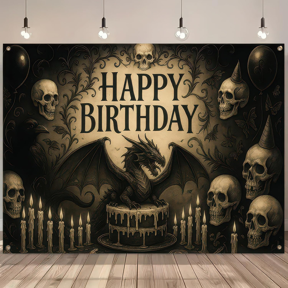 Birthday Banner 71 X 43 Inch, Large Gothic Dragon Happy Birthday Party Backdrop,