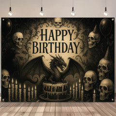 Birthday Banner 71 X 43 Inch, Large Gothic Dragon Happy Birthday Party Backdrop,