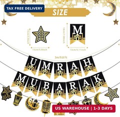 AhfuLife Umrah Mubarak Banner Set, 3 Pcs Pre-Tied EID Decor with Moon Star Garla