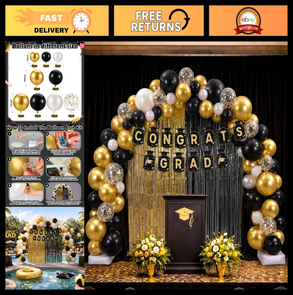 185 Pcs Black Gold Graduation Balloons Garland Arch Kit, Congrats Grad Banner, C