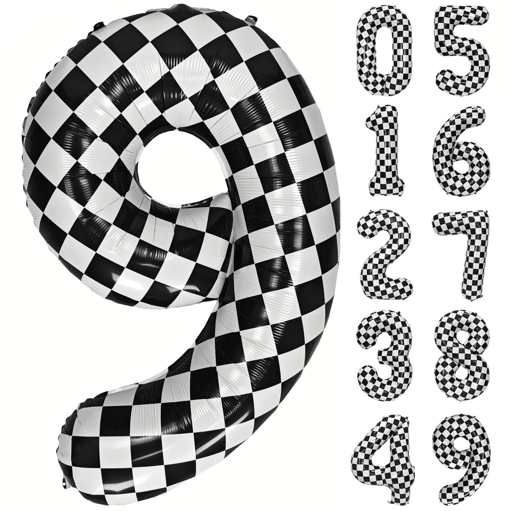 40 Inch Checkered Number 9 Balloon Black and White Checkered Large Foil Numbe…