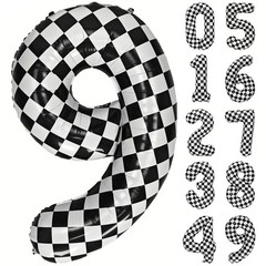 40 Inch Checkered Number 9 Balloon Black and White Checkered Large Foil Numbe…