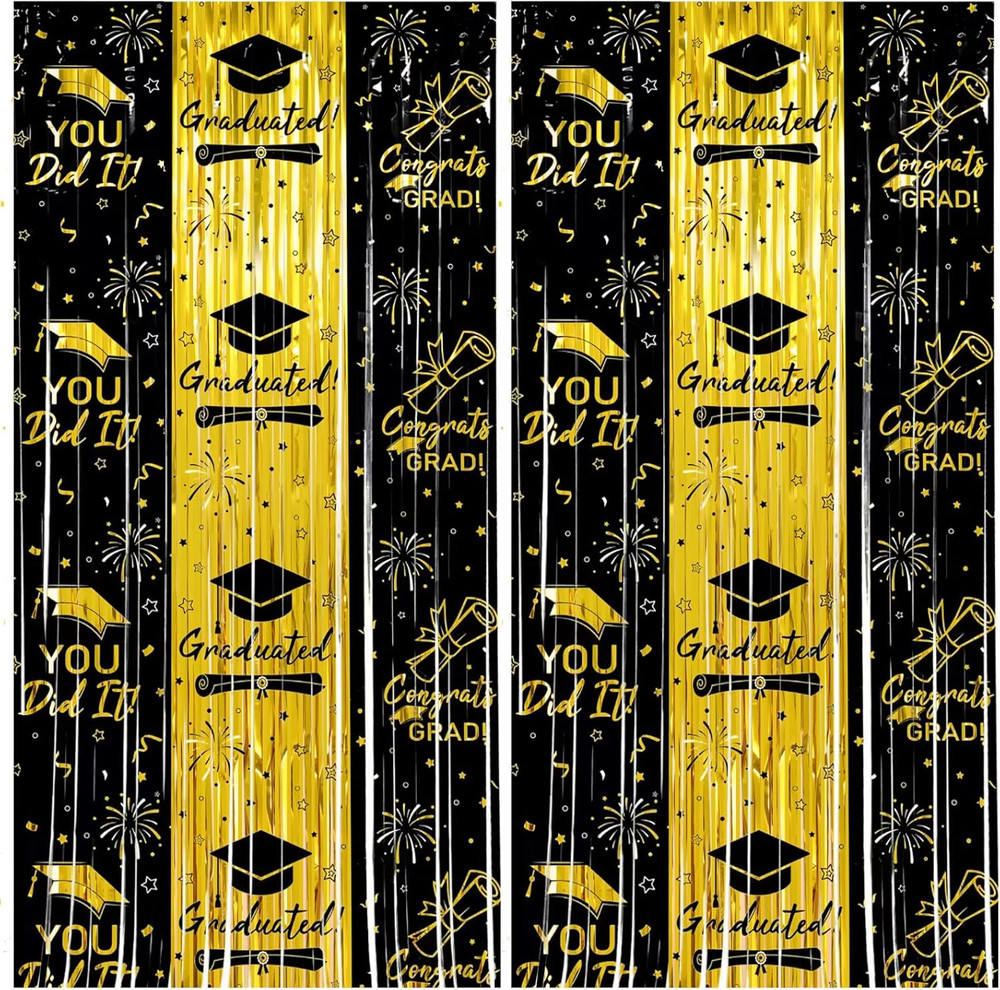 Thicken Black and Gold Graduation Tinsel Backdrop, 2 Pack 3.3 X 6.6 FT, Foil Fri