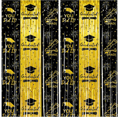 Thicken Black and Gold Graduation Tinsel Backdrop, 2 Pack 3.3 X 6.6 FT, Foil Fri