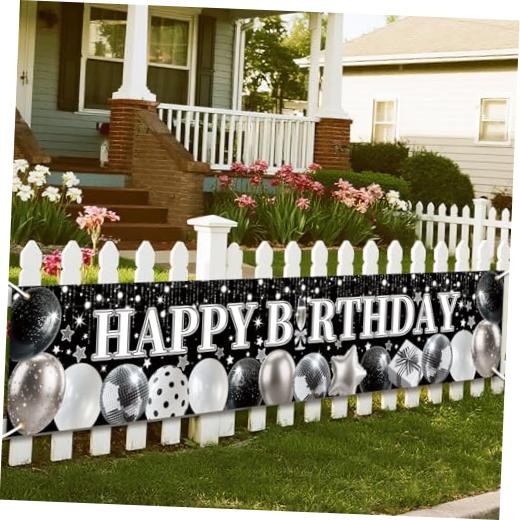 Black and White Happy Birthday Banner with Sparkly Balloons & Stars Pattern,