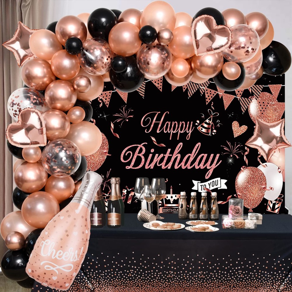 Rose Gold and Black Birthday Decorations – 1 Backdrop, 1 Tablecloth, 84