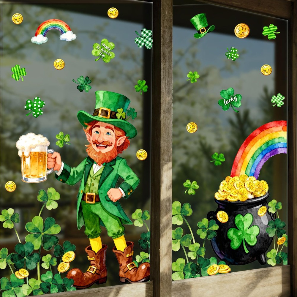 6 Sheets St. Patrick’ s Day Window Clings Window Decal Shamrock Clover Leprecha