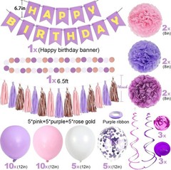 Elegant Purple Pink Birthday Decorations Set with Happy Birthday Banner