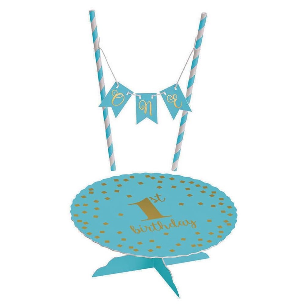 1st Birthday Mini Cake Stand and Pennant Banner Blue Party Decorations One New