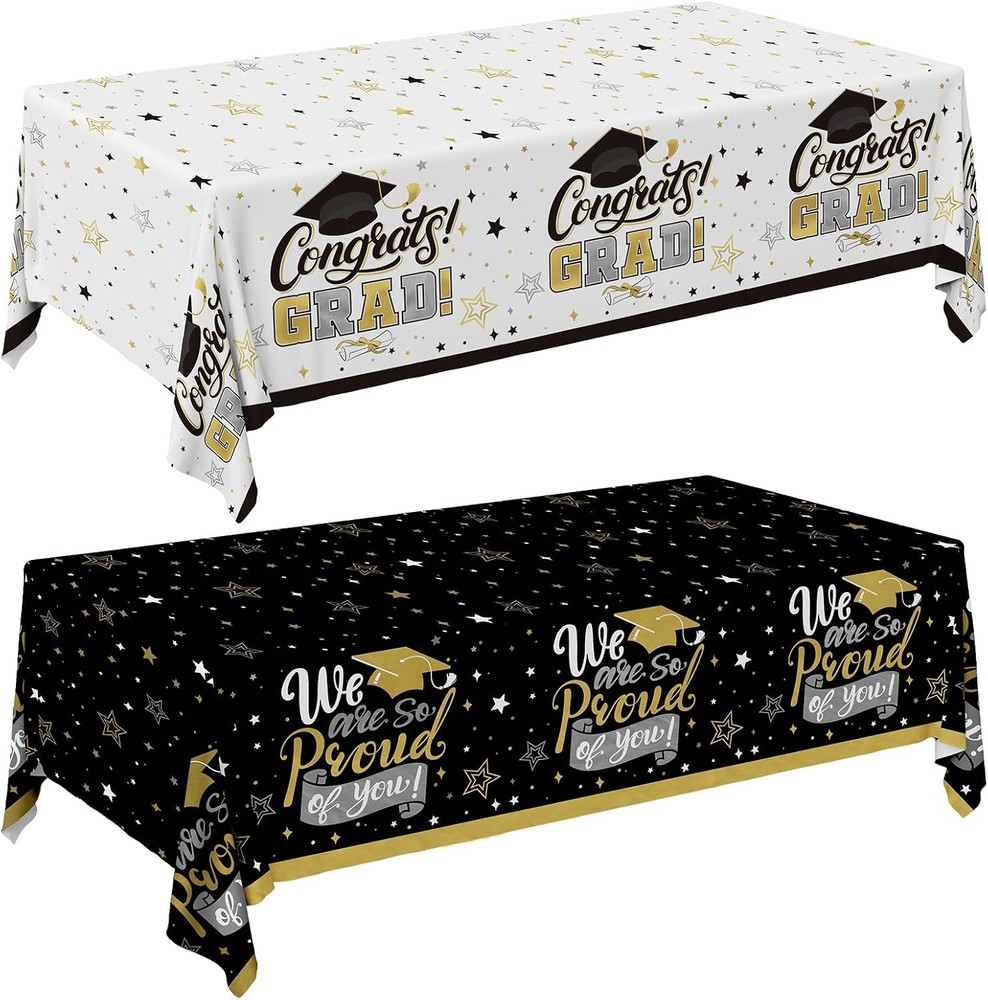 Graduation Decorations 2026-2 Pcs Black and Gold Gongrats Grad Tablecover for
