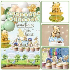 132pcs Vintage Winnie Baby Shower Decorations Kit, Pooh Party Supplies & Backdro
