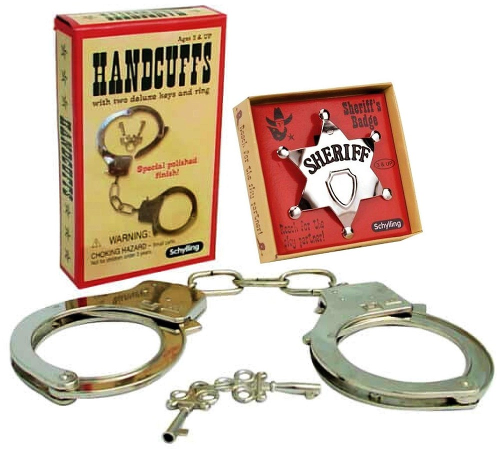Classic Metal Handcuffs & Law Man Sheriff’s Badge Gift Set Bundle 2 Pack