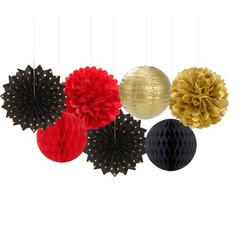 14 PCS Red Black Gold Party Decor Streamer Lantern Paper Fan Tissue Pom Pom