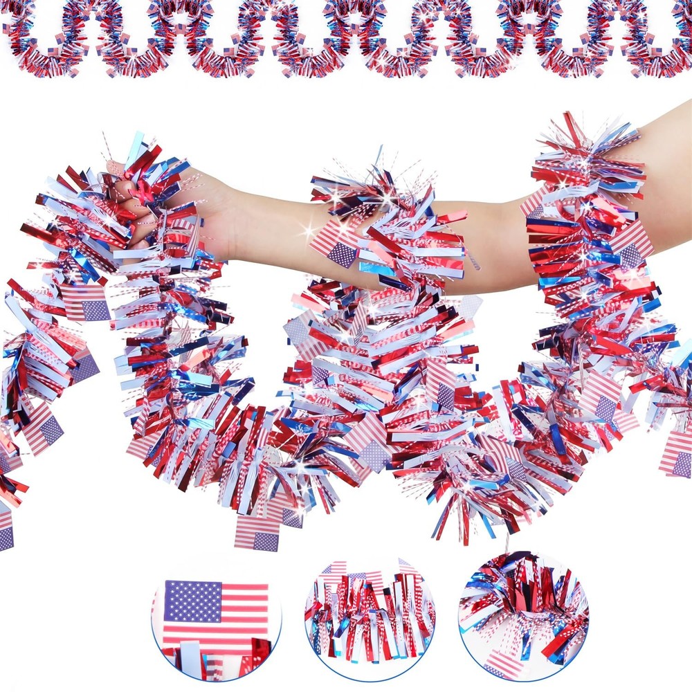 50FT 4th of July Decorations Patriotic Tinsel Garland, Red White and Blue Reu…