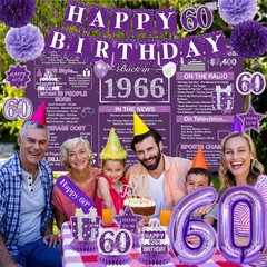 Purple 60Th Birthday Decorations for Women – Back in 1966 Backdrop, Banner, Swir
