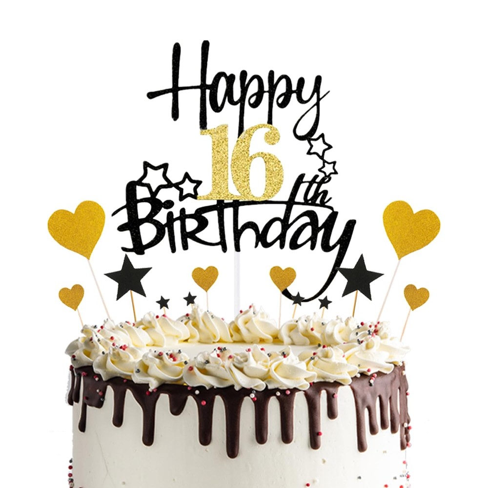 Happy 16th Birthday Cake Topper Black Gold Glitter Party Cupcake Topper