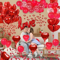 Red Valentines Day Decorations W/ Red Heart Balloons & Love Balloon Fake Rose