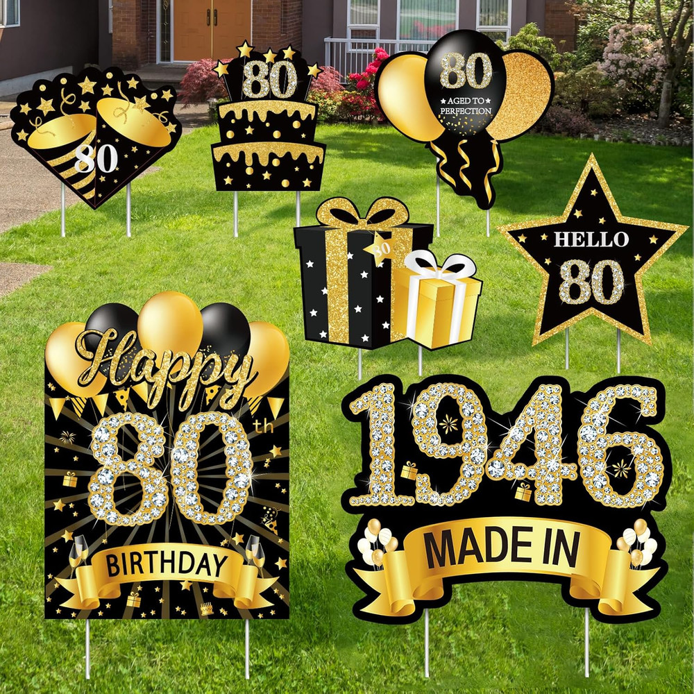7Pcs Black Gold 80Th Birthday Yard Sign Decorations for Men and Women,Happy 80Th