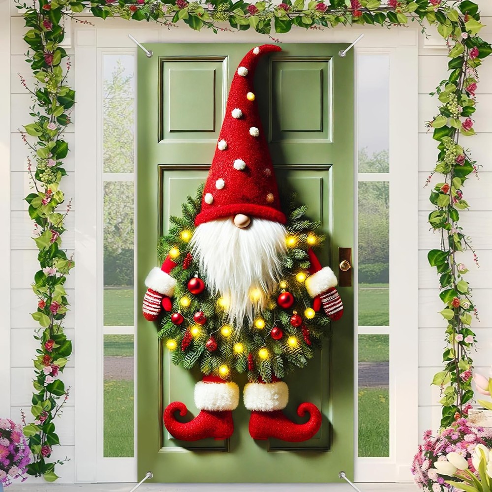 Christmas Gnome Door Banner for Holiday Front Porch Decor Santa Elf Wreath Hangi