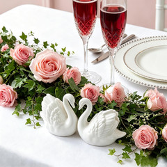 2PCS White Swan Figurines Cake Toppers, Elegant Ceramic Swan Couple Statues for