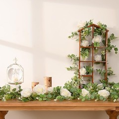 2Pcs 13Ft Artificial Eucalyptus Garlands with Flowers – 8 Roses, Faux Floral