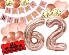 62nd Birthday Decorations For Her – Pink and Rose Gold Theme – Balloons, Banner