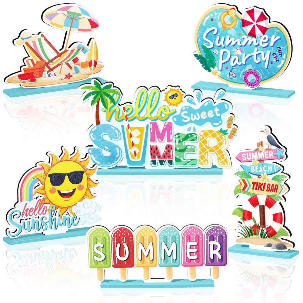 6 Pcs Hello Summer Table Decoration Set Sweet Summer Wooden Table Centerpiece…