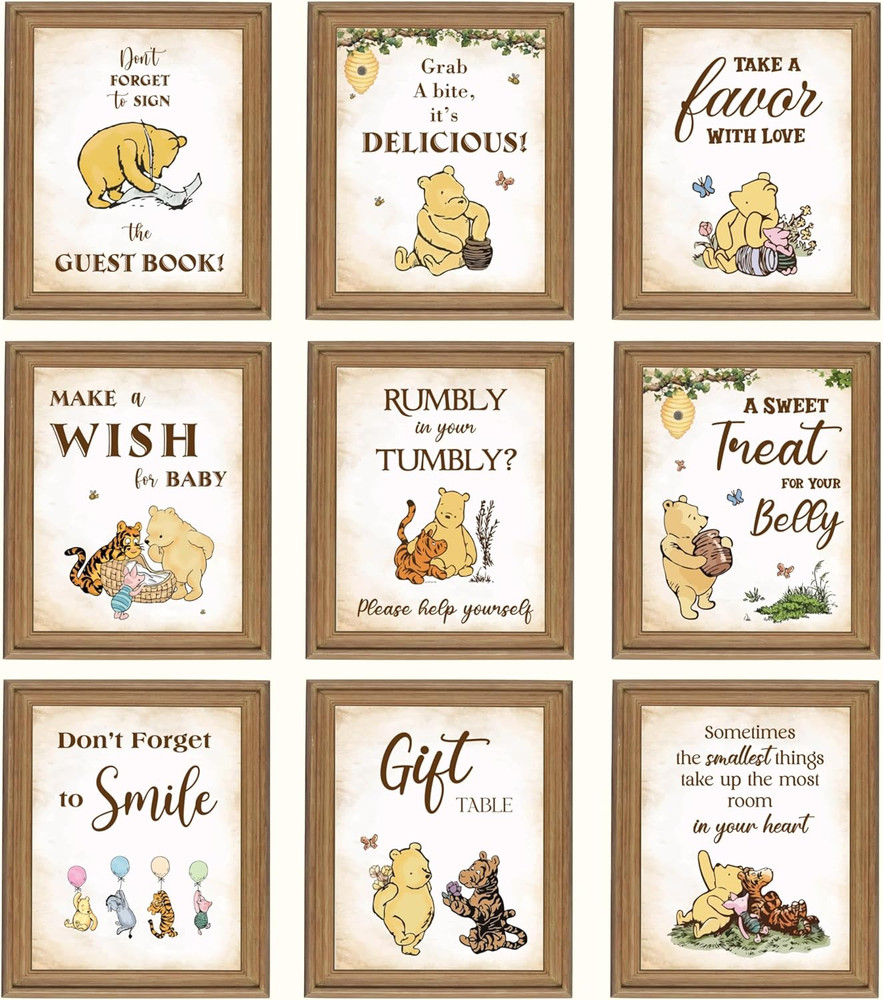 Classic Pooh Bear Baby Shower Decorations – 9 Winnie Table Signs Decor, Vinta…