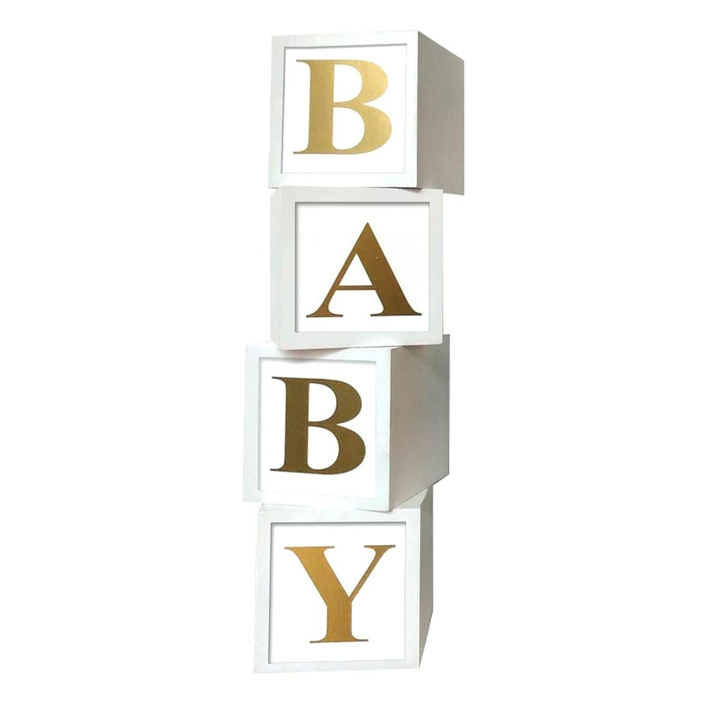 Baby Shower Boxes Party Decorations – 4pcs Stereoscopic White Gold Boxes with