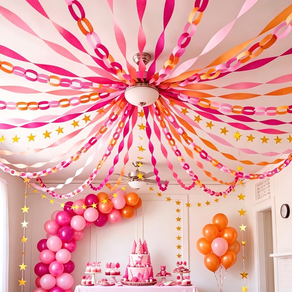 309pcs Sunset Party Decorations Hot Pink Orange Ceiling Chain Strip and Star …
