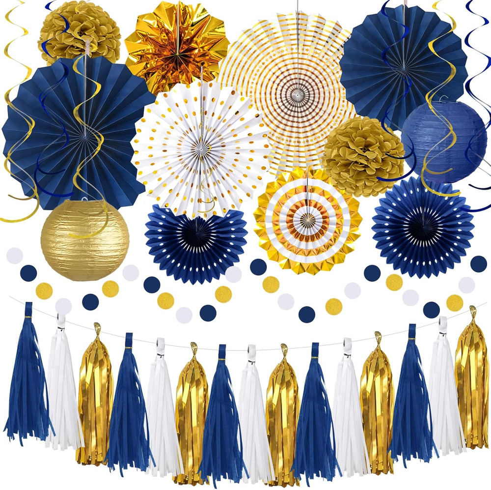 34 Pcs Blue and Gold Party Decorations, Hanging Paper Lanterns Fans Blue gold