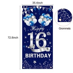 Blue Silver 16th Door Banner Decorations, Happy 16 Door Cover Sign Party Supp…