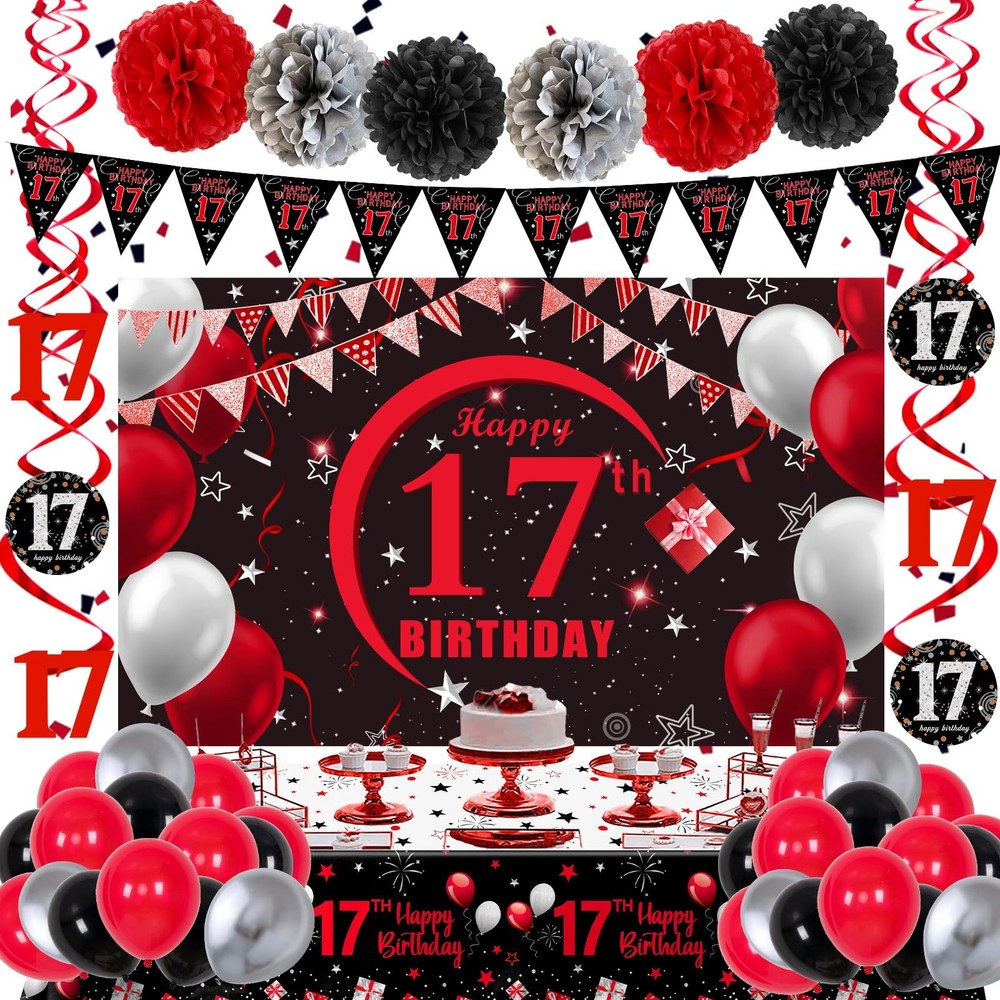 17th Decorations for Boys Girls Red and Black, Happy 17th Backdrop Banner, 17…