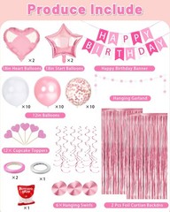 Pink Happy Birthday Party Decorations, Happy Birthday Banner, Pink Foil Heart…