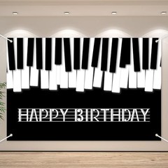 Piano Happy Birthday Banner Backdrop Black White Music Piano Keyboard Theme