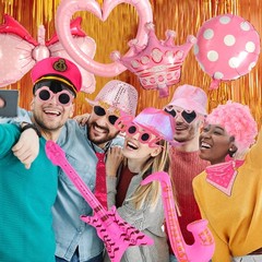 Bulk Premium Hot Pink Funny Photo Booth Props Set for , Cute Hot Pink Hats, G…
