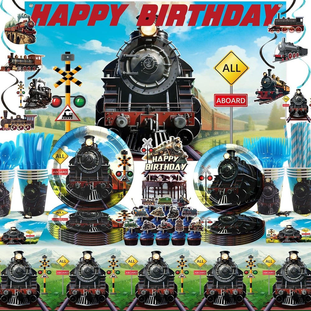 Train Birthday Party Decorations Set – Happy Birthday Backdrop, Plates, Cups, Na