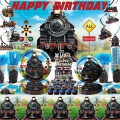 Train Birthday Party Decorations Set – Happy Birthday Backdrop, Plates, Cups, Na