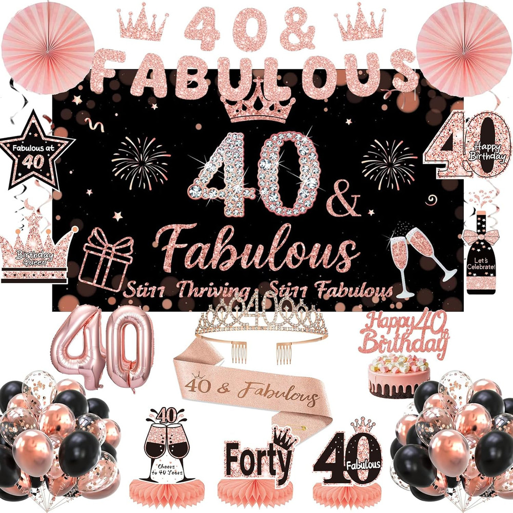 40Th Birthday Decorations for Women, Black and Rose Gold 40Th Birthday Decoratio