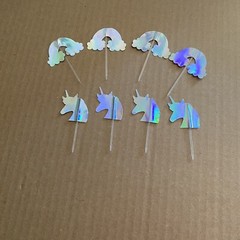 4 Foil Silver Unicorn & 4 Foil Rainbow Cloud 8 cupcake Picks