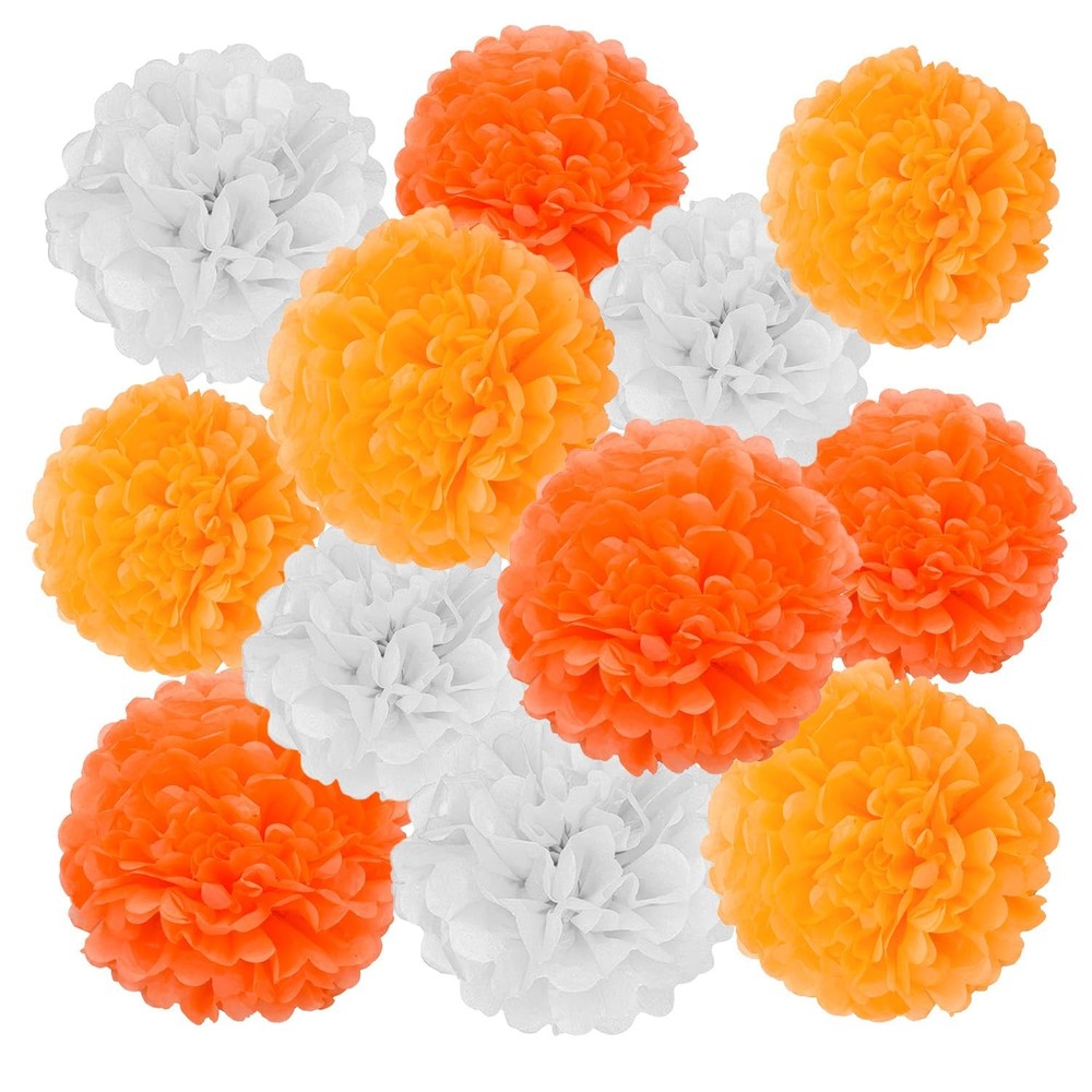 12 PCS Orange and White Tissue Paper Pom Poms 10 and 12 Inch Hanging Flower